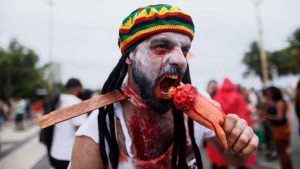 A reveller takes part in the annual Zombie Walk at Copacabana beach i