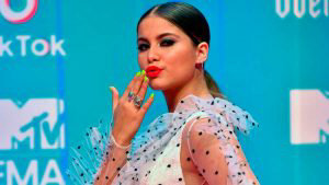 Mexican singer Sofia Reyes poses on the red carpet ahead of the MTV E