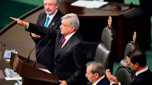 Mexico's new President-Andres Manuel Lopez Obrador swears in during t