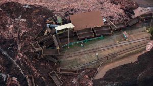 Aerial view of the damaged wagons of a cargo train after the collapse