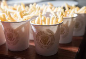 This photo shows French fries placed inside Presidential cups