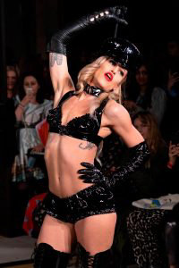 A model presents a creation from British designer Pam Hogg during her