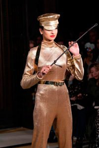 A model presents a creation from British designer Pam Hogg during her