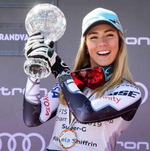 Overall FIS Alpine ski Super G 's winner US Mikaela Shiffrin celebrat
