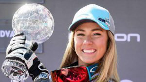 Overall FIS Alpine ski Super G 's winner US Mikaela Shiffrin celebrat