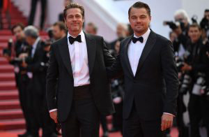 US actor Brad Pitt (L) and US actor Leonardo DiCaprio pose as they ar