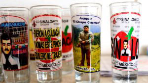 A shot glass bearing a picture of Mexican drug lord Joaquin 