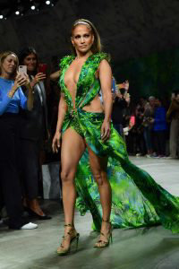 US singer Jennifer Lopez presents a creation for Versace's Women's Sp