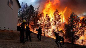 U.S. Forest Service firefighters monitor a back fire while battling to save homes at the Camp Fire in Paradise
