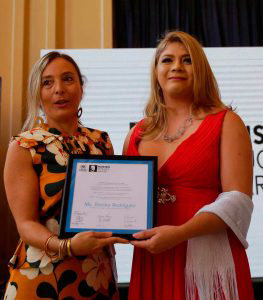 Salvadoran transgender Bianka Rodriguez (R) receives the United Natio