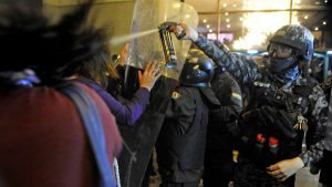 TOPSHOT - A riot police officer throws pepper spray at supporters of
