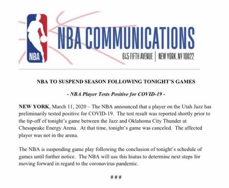 Comunicado oficial, en ingls, lanzado por la NBA en sus redes oficiales. 