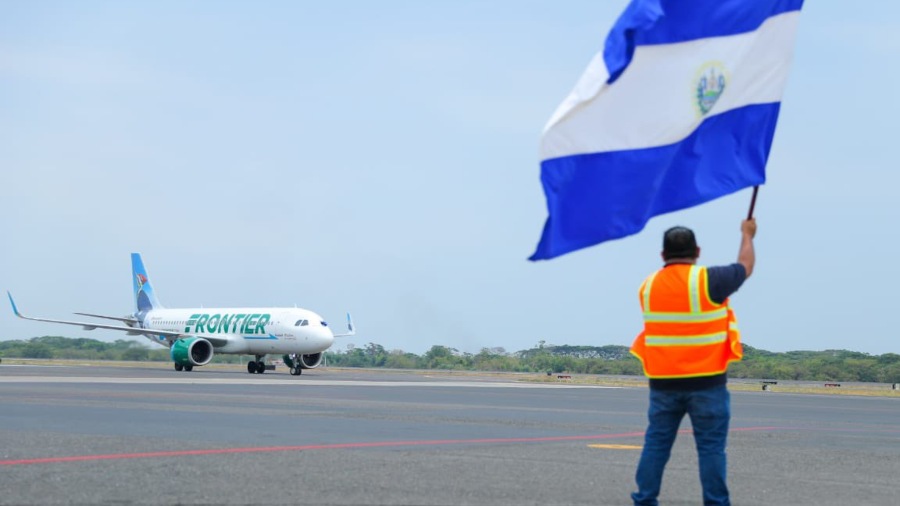 The first flight, Frontier, a new low-cost airline, arrives in the country