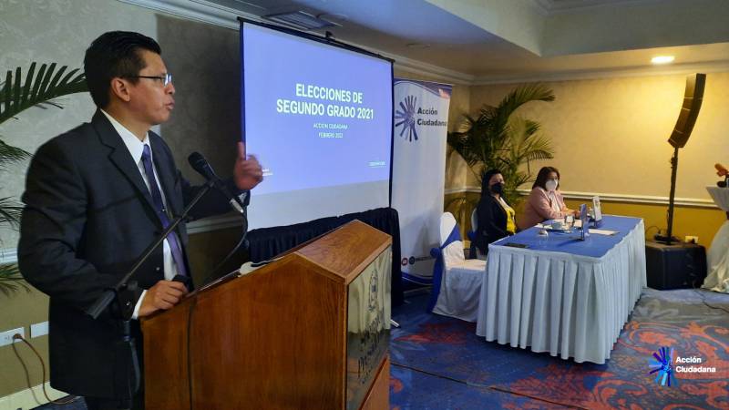 El director de Acción Ciudadana da las palabras de inicio a la presentación de los informes de elecciones de segundo grado en El Salvador 2021.