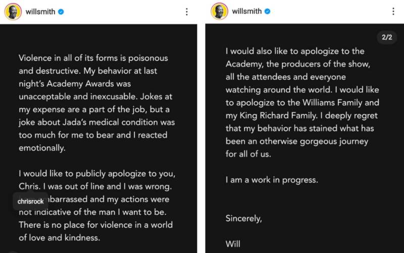 Comunicado publicado por Will Smith pidiendo disculpas a Chris Rock semanas después del suceso. Imagen de carácter ilustrativo y no comercial / https://www.instagram.com/p/CbqmaY1p7Pz/