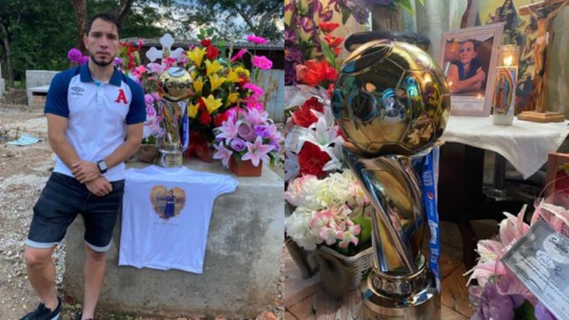 Oscar Rodríguez llevó la Copa ganada con Alianza a La Reina, Chalatenango, a donde descansa su madre, Haydeé, quien falleció hace unos días. Fotos EDH/Cortesía Alianza FC.