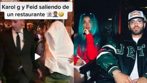 "Los fantasmas" Karol G y Feid tratan de escapar de las cámaras, cubiertos con manteles