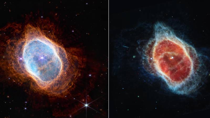 Algunas estrellas se guardan lo mejor para el final. En estas imágenes de la nebulosa planetaria del Anillo del Sur,  @NASAWebb  muestra una estrella moribunda cubierta por polvo y capas de luz.  FOTO: Handout / NASA / AFP
