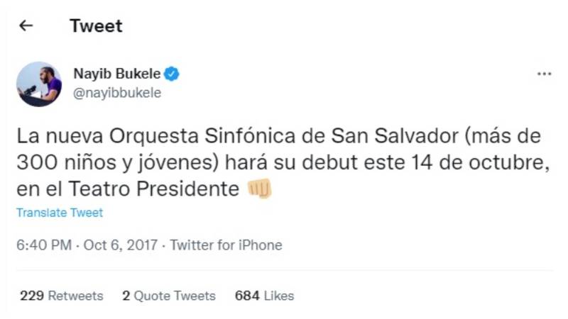 Tuit del entonces alcalde Nayib Bukele, anunciando el debut de la Orquesta Sinfónica de San Salvador. Imagen de carácter ilustrativo y no comercial / https://twitter.com/nayibbukele/status/916463296030666753