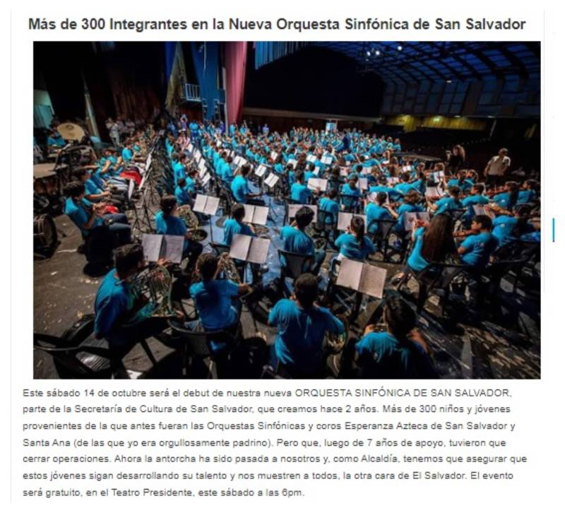 Anuncio sobre la nueva Orquesta Sinfónica de San Salvador publicado en el sitio www.bukelepresidente.com en 2017. Imagen de carácter ilustrativo y no comercial / https://www.bukelepresidente.com/2017/10/debut-nueva-orquesta-sinfonica-de-san_10.html