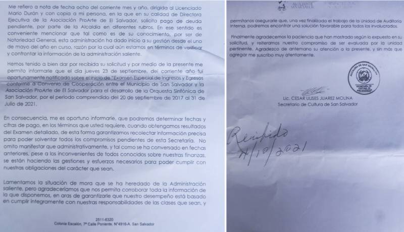 Copia de carta enviada a Asociación Pro Arte por el secretario de Cultura de San Salvador, el año pasado. Foto: Cortesía / Pro Arte