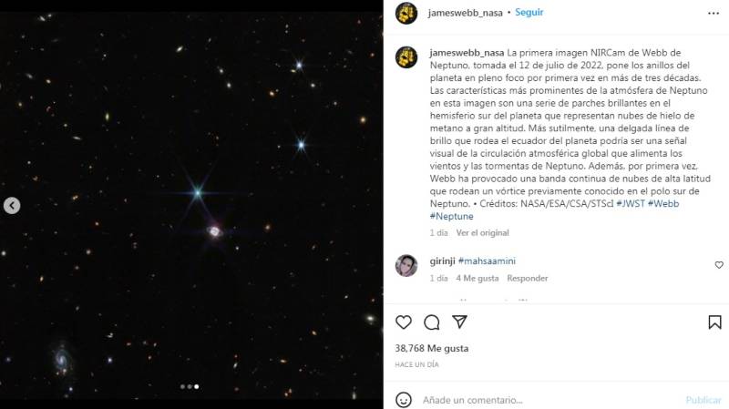 Post sobre Neptuno publicado en el perfil de Instagram @jameswebb_nasa. Imagen de carácter ilustrativo y no comercial / https://www.instagram.com/p/CixQdc2j5v1/