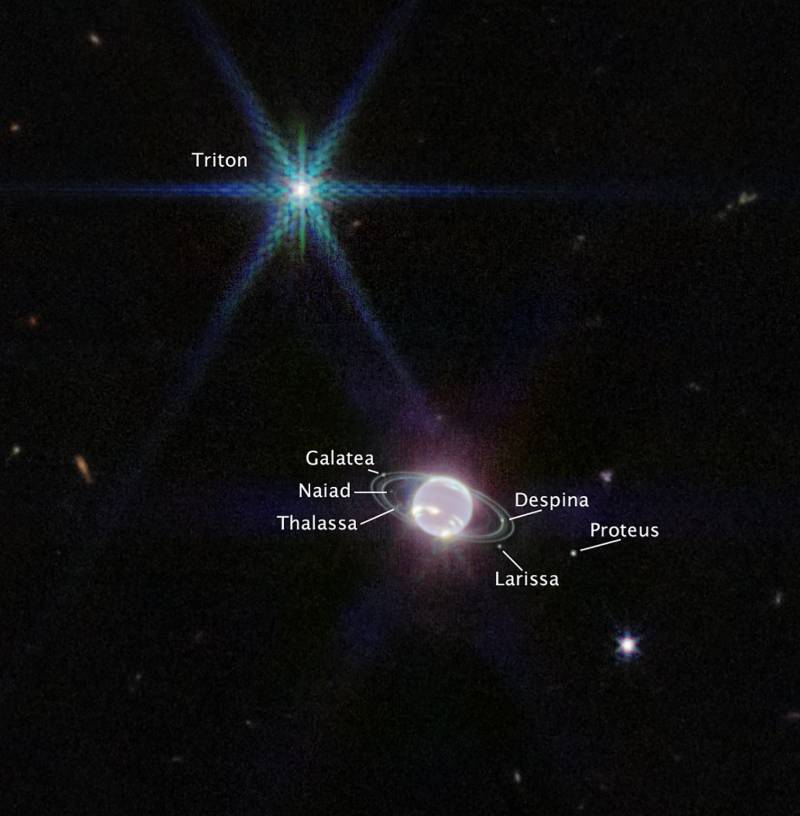 Esta imagen muestra a Neptuno y siete de sus 14 satélites conocidos. Tritón, el punto brillante de luz en la parte superior izquierda eclipsa con creces a Neptuno, porque la atmósfera del planeta está oscurecida por las longitudes de onda de absorción de metano capturadas por Webb. Foto: Instituto de Ciencias del Telescopio Espacial / ESA/WEBB / AFP