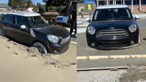 Una mujer robó un vehículo en Washington para quedar atascada en concreto fresco