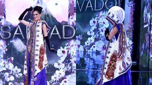 Salvadoreña luce traje típico alusivo a las alfombras de Semana Santa en Miss Grand International