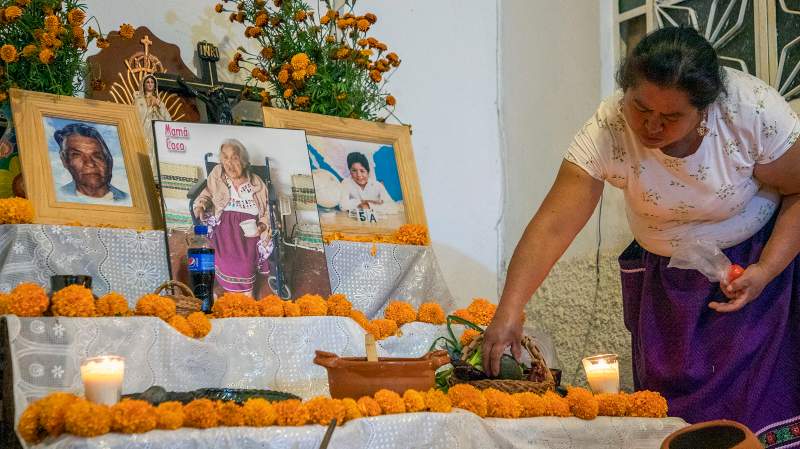 La foto de la verdadera Mamá Coco figura en el altar de muertos en casa de su familia,en la que se coloca su platillo favorito, los frijoles. Foto: ENRIQUE CASTRO / AFP