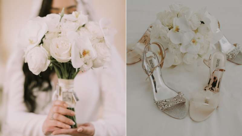 Ramo de orquídeas blancas y los zapatos tipo sandalias que usó Daysi en su boda. Fotos: cortesía / Daysi Navarro