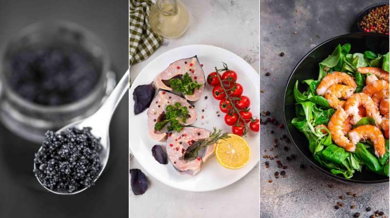 Fotos de referencia de caviar, beluga y gambas (camarones). Imágenes / Shutterstock