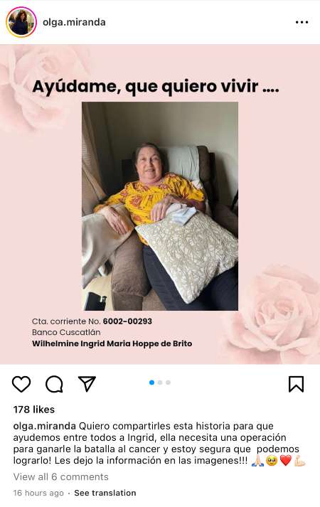 La influyente Olga Miranda compartió el comunicado para buscar el apoyo del público y así ayudar a Ingrid de Brito a vencer el cáncer en el cerebro. Foto captura de carácter ilustrativo y no comercial: www.instagram.com/p/CpQ02I-PUur/