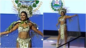 Salvadoreña impresiona con traje nacional inspirado en las costas salvadoreñas