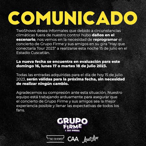 Comunicado emitido por Two Show para anunciar cancelación del concierto de Grupo Firme