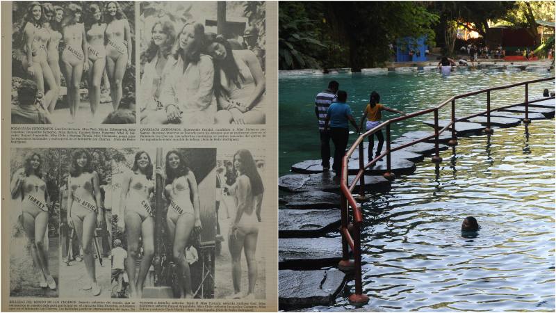 Misses en el balneario Los Chorros en 1975. El parque en la actualidad