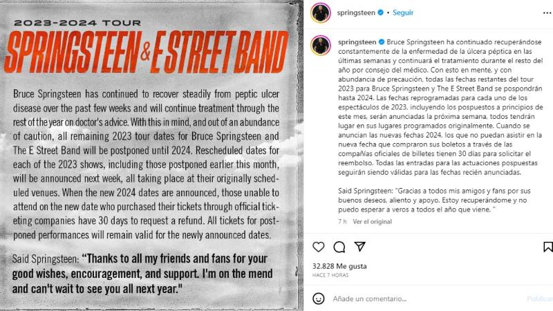 Comunicado sobre la suspensión de la gira de  Bruce Springsteen