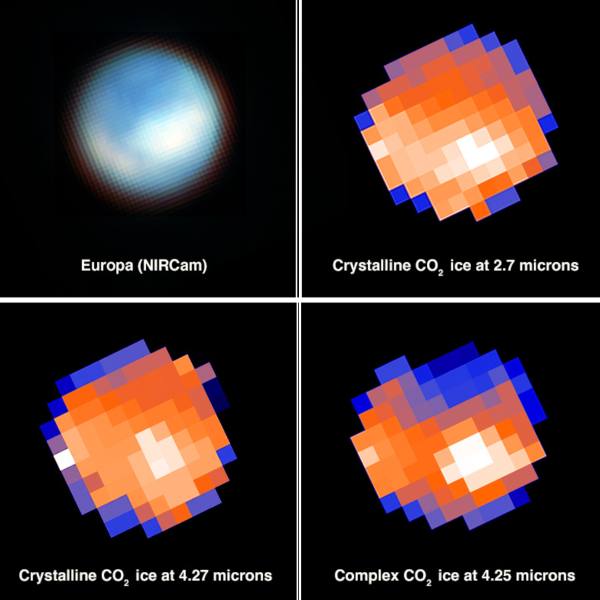 Ilustracion que muestra mapa de la superficie de la luna Europa de Júpiter arrojados por el James Webb