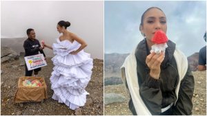Miss Universo prueba las paletas sombrillita en la cima del volcán de Santa Ana