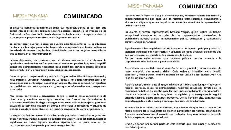Comunicado de Miss Universo Panamá en el que hace pública su renuncia a la franquicia de Miss Universo