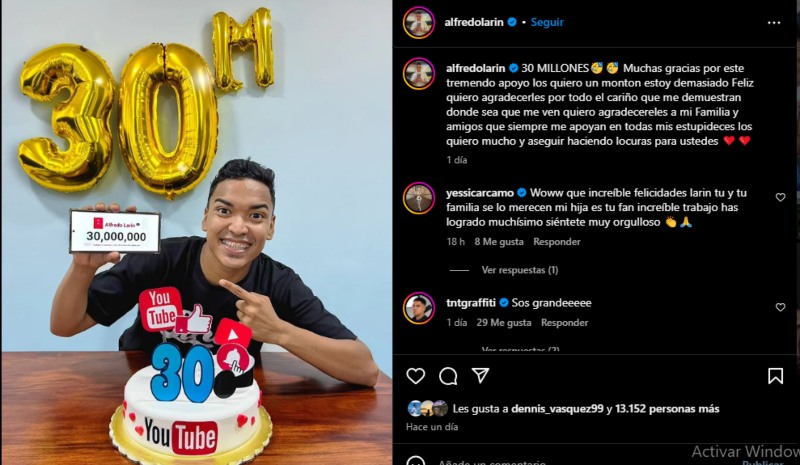 Alfredo Larín llega a 30 millones de suscriptores en YouTube