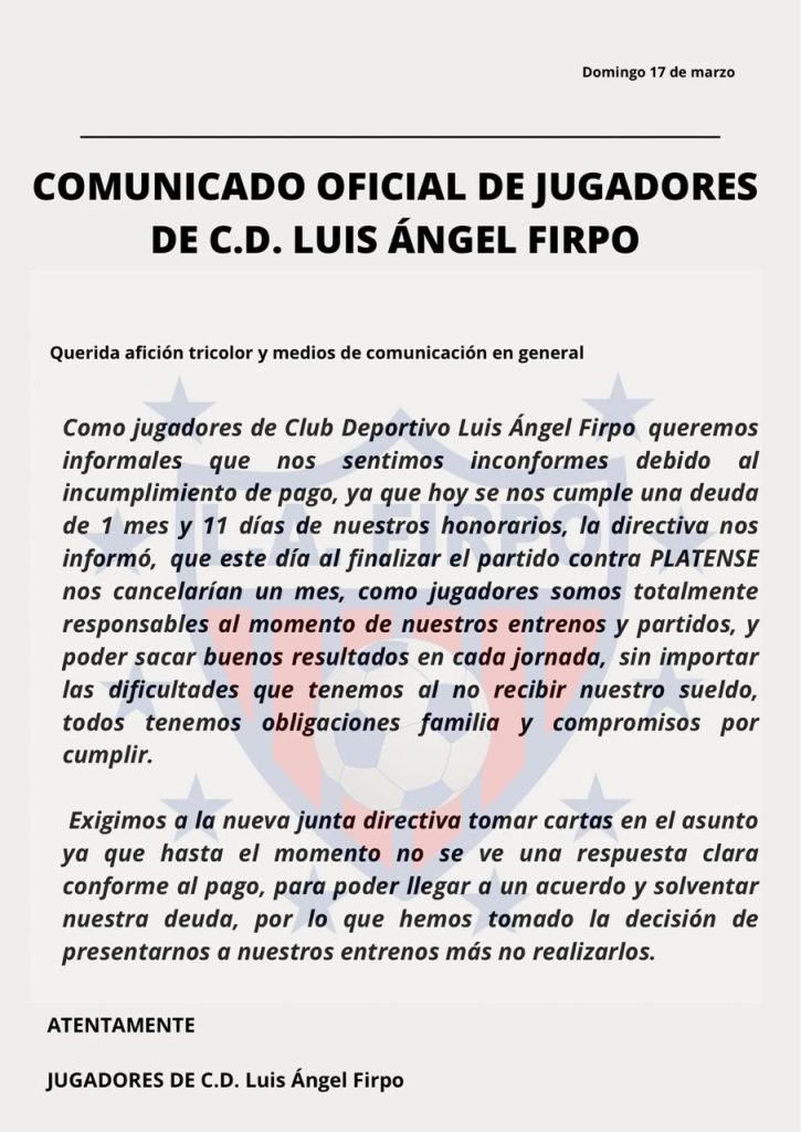 Comunicado Deuda Jugadores Firpo Clausura 2024