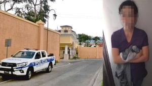 A la izquierda, imagen del despliegue policial en la residencial, el 30 de marzo del 2024. A la derecha, foto de la responsable del asesinato del recién nacido. Foto / Archivo