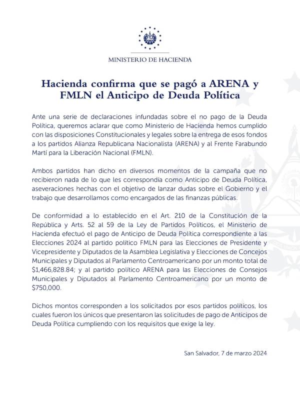 Pago de deuda política FMLN y ARENA