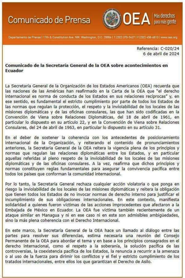 OEA comunicado Mexico Ecuador