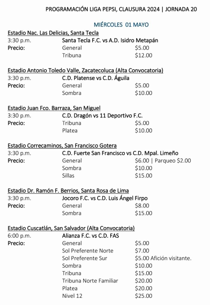 liga mayor lmf primera division programacion horario calendario fecha jornada 20 futbol el salvador