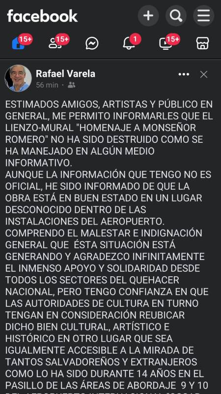 Post de Rafael Varela en Facebook sobre retiro de pintura de Romero