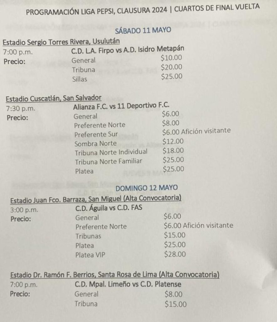 vuelta cuartos final futbol el salvador liga mayor lmf primera division torneo clausura 2024 02