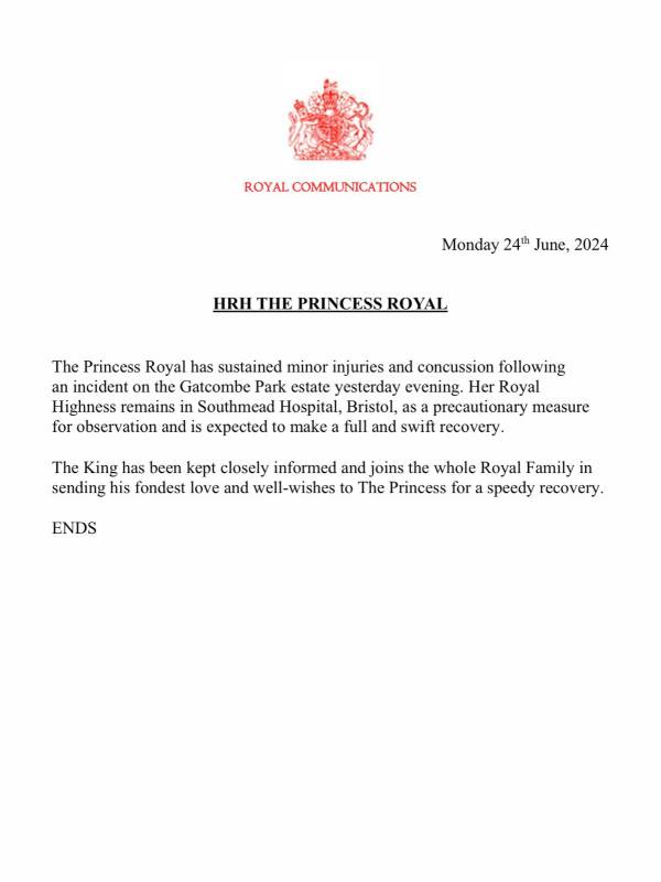 Comunicado del Palacio de Buckingham sobre princesa Ana