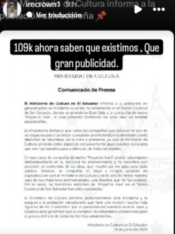 Historia de la actriz drag Irene Crown sobre el comunicado de MiCultura cancelando la obra Inmoral